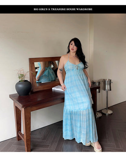 Zllkl Clara Plus Size Plaid Mint Green French V-Neck Slip Spaghetti Strap Long Dress