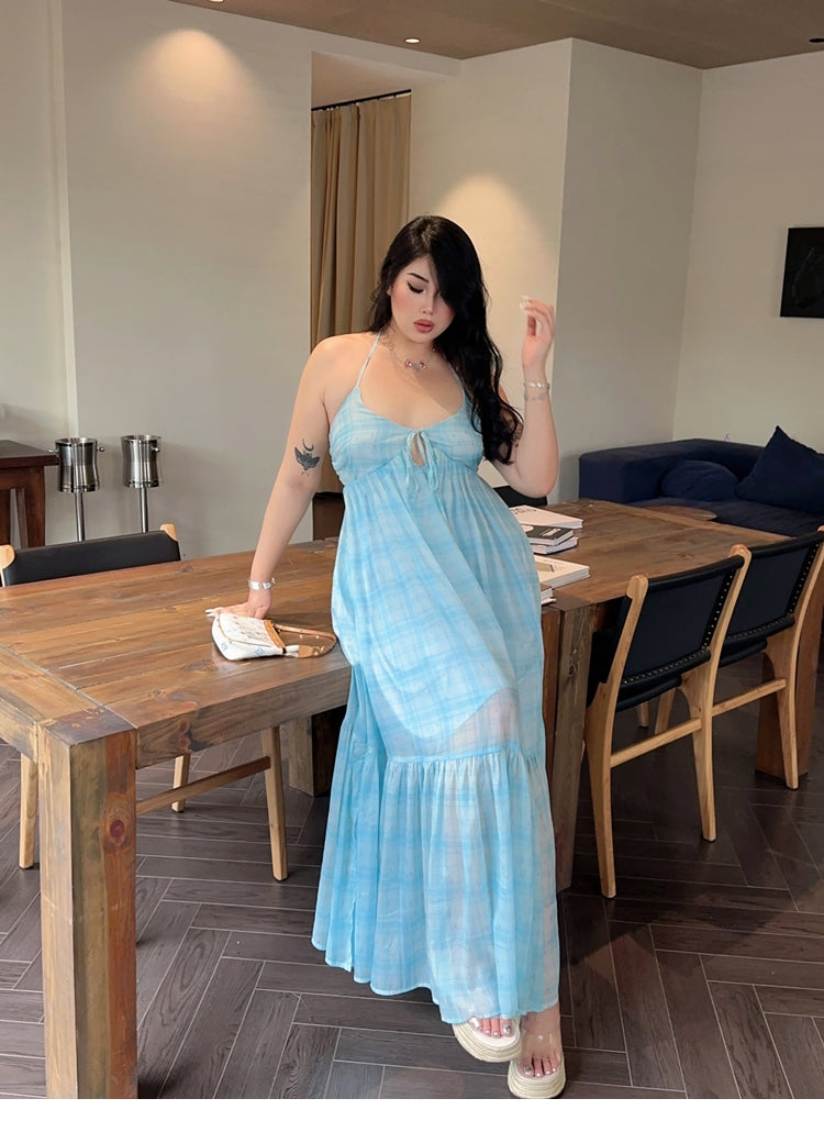 Zllkl Clara Plus Size Plaid Mint Green French V-Neck Slip Spaghetti Strap Long Dress