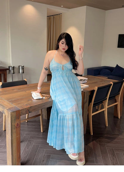 Zllkl Clara Plus Size Plaid Mint Green French V-Neck Slip Spaghetti Strap Long Dress