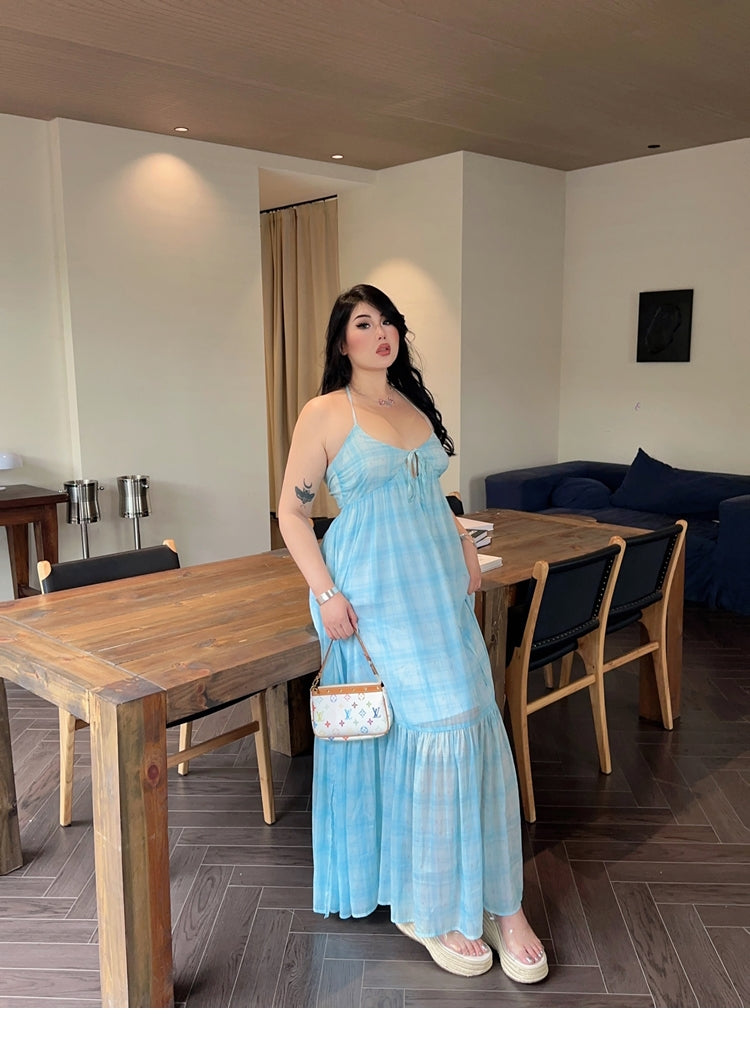 Zllkl Clara Plus Size Plaid Mint Green French V-Neck Slip Spaghetti Strap Long Dress