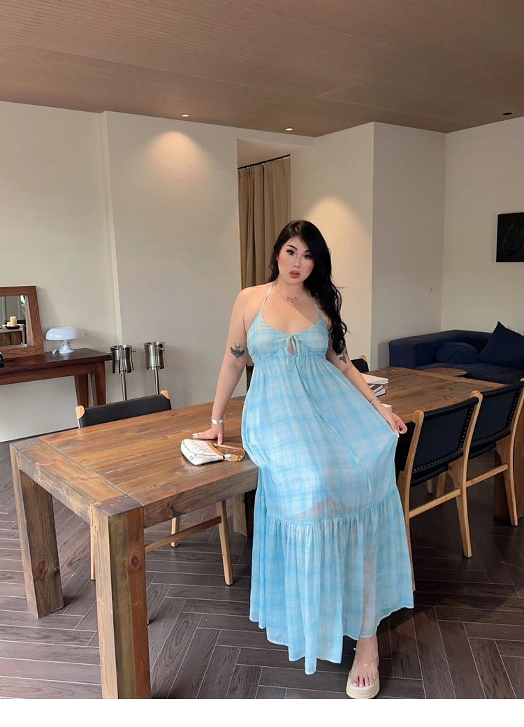 Zllkl Clara Plus Size Plaid Mint Green French V-Neck Slip Spaghetti Strap Long Dress