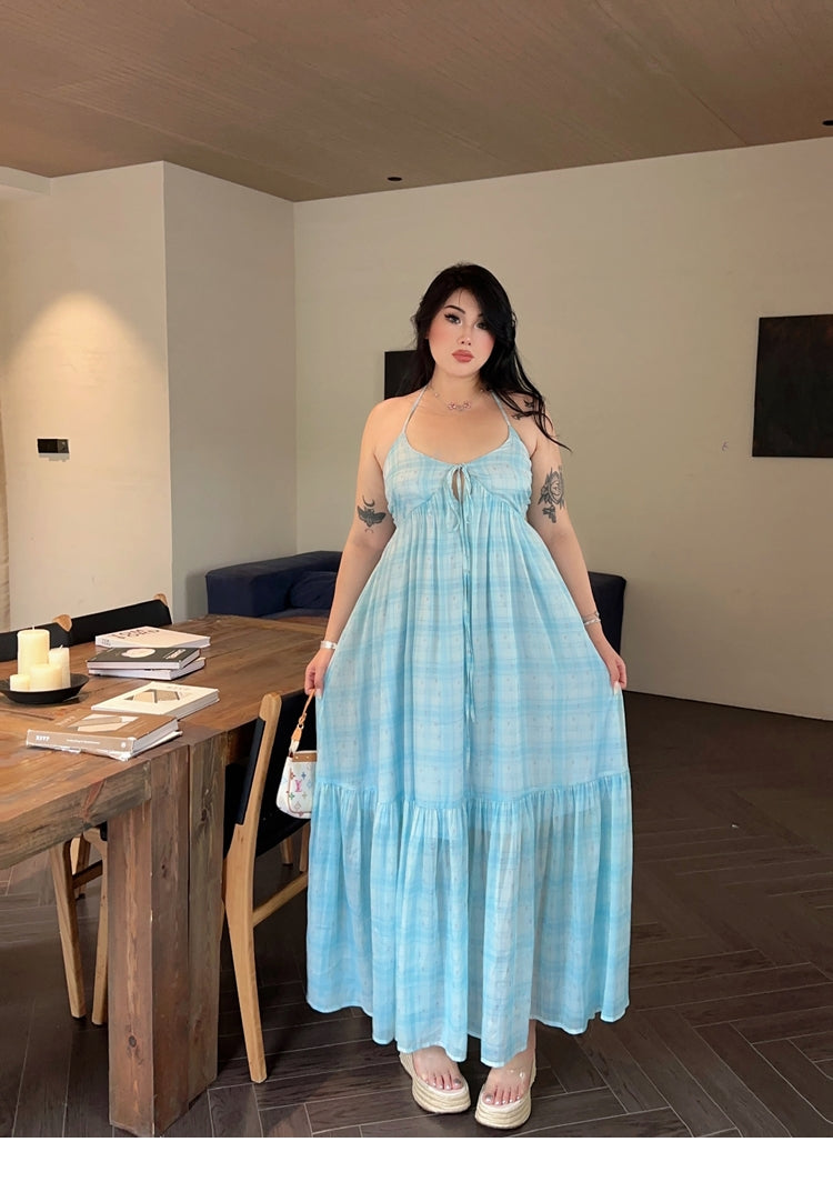 Zllkl Clara Plus Size Plaid Mint Green French V-Neck Slip Spaghetti Strap Long Dress