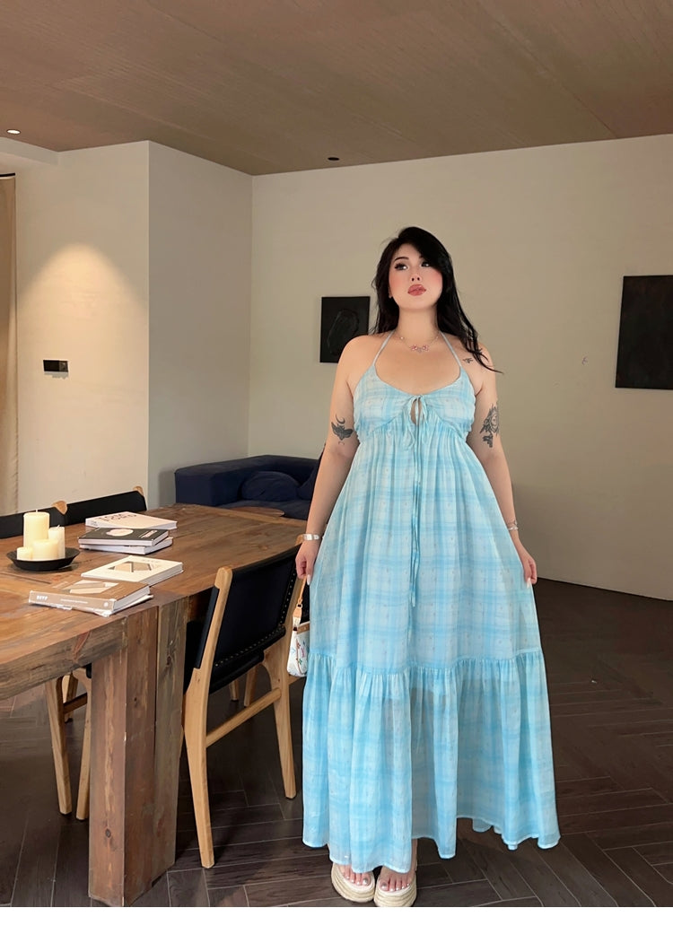Zllkl Clara Plus Size Plaid Mint Green French V-Neck Slip Spaghetti Strap Long Dress
