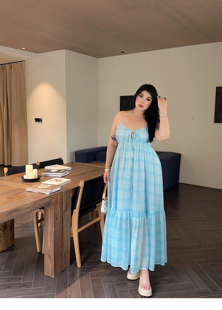 Zllkl Clara Plus Size Plaid Mint Green French V-Neck Slip Spaghetti Strap Long Dress