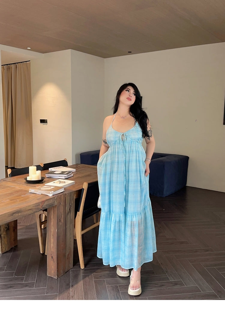 Zllkl Clara Plus Size Plaid Mint Green French V-Neck Slip Spaghetti Strap Long Dress