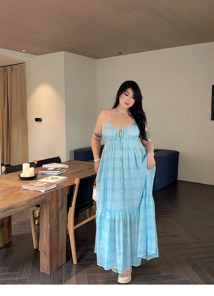 Zllkl Clara Plus Size Plaid Mint Green French V-Neck Slip Spaghetti Strap Long Dress