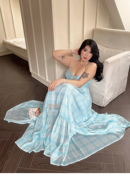 Zllkl Clara Plus Size Plaid Mint Green French V-Neck Slip Spaghetti Strap Long Dress