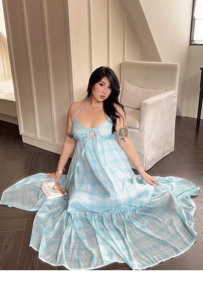 Zllkl Clara Plus Size Plaid Mint Green French V-Neck Slip Spaghetti Strap Long Dress