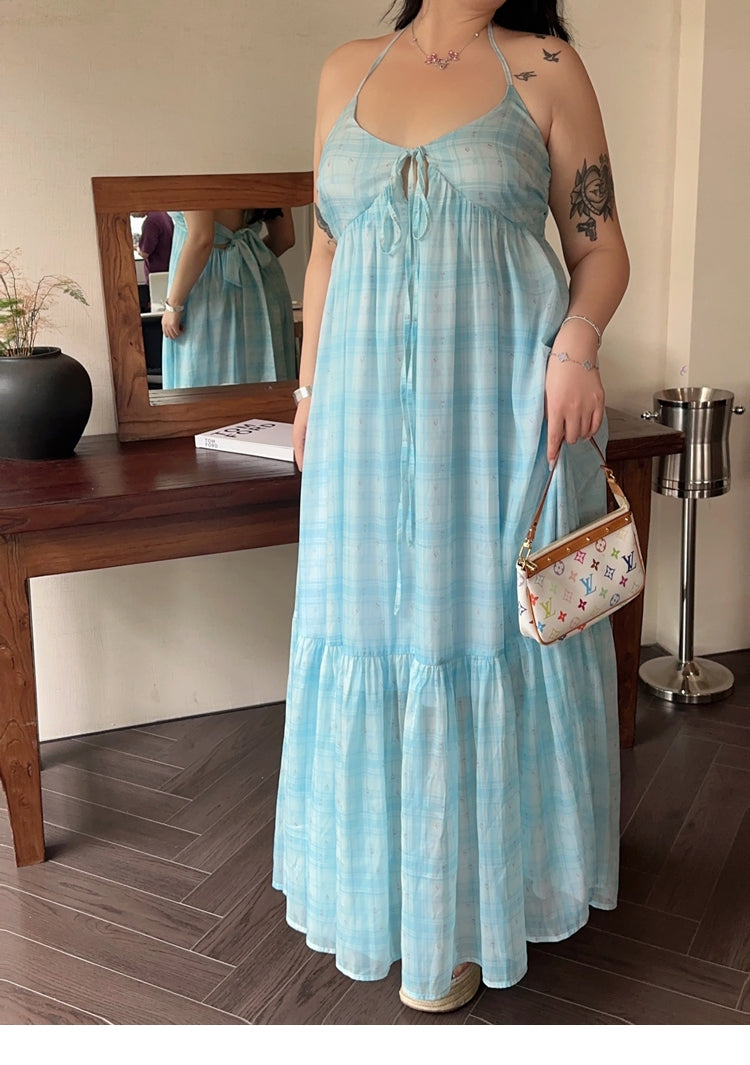 Zllkl Clara Plus Size Plaid Mint Green French V-Neck Slip Spaghetti Strap Long Dress
