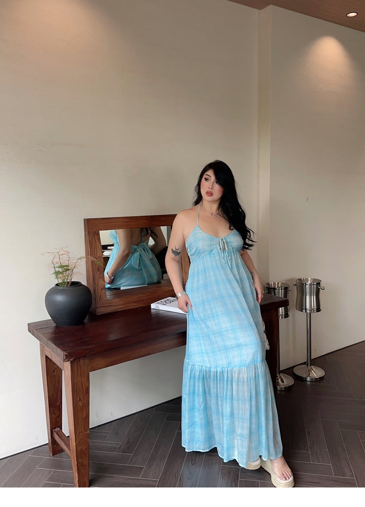 Zllkl Clara Plus Size Plaid Mint Green French V-Neck Slip Spaghetti Strap Long Dress