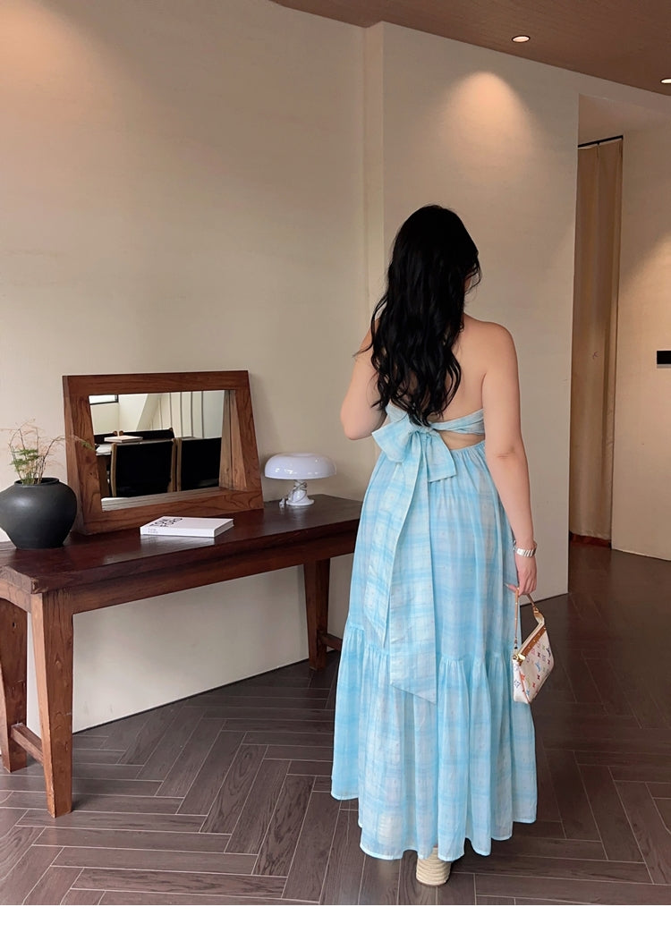 Zllkl Clara Plus Size Plaid Mint Green French V-Neck Slip Spaghetti Strap Long Dress