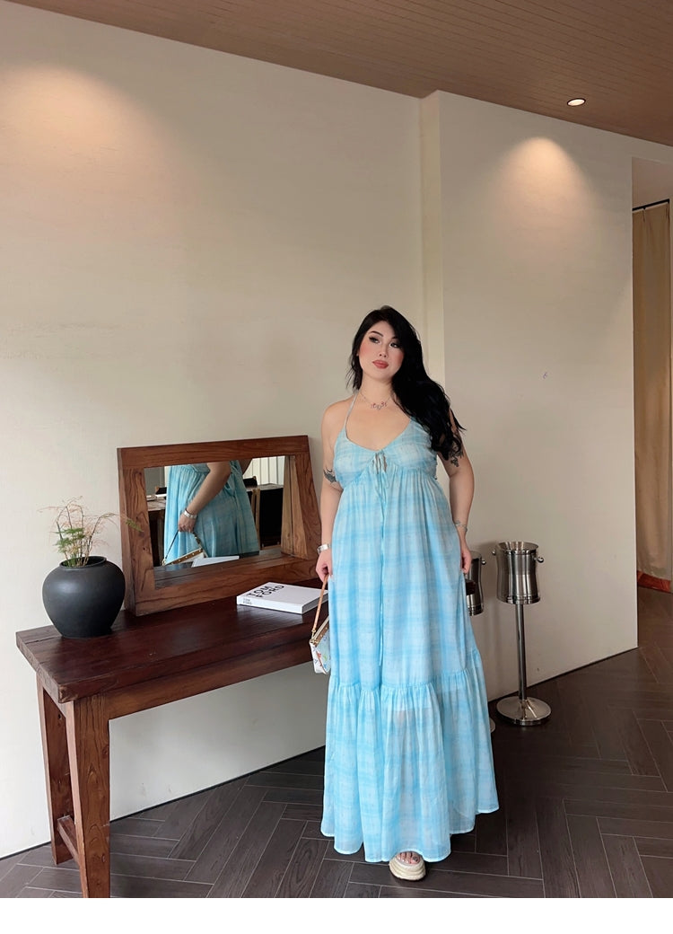 Zllkl Clara Plus Size Plaid Mint Green French V-Neck Slip Spaghetti Strap Long Dress