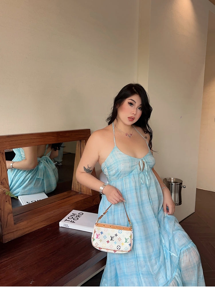 Zllkl Clara Plus Size Plaid Mint Green French V-Neck Slip Spaghetti Strap Long Dress