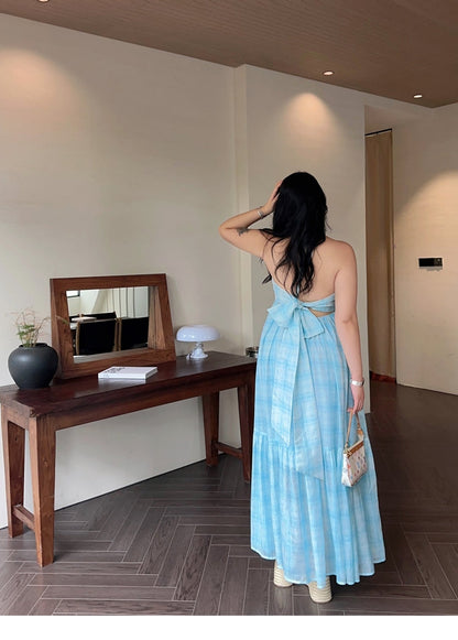 Zllkl Clara Plus Size Plaid Mint Green French V-Neck Slip Spaghetti Strap Long Dress