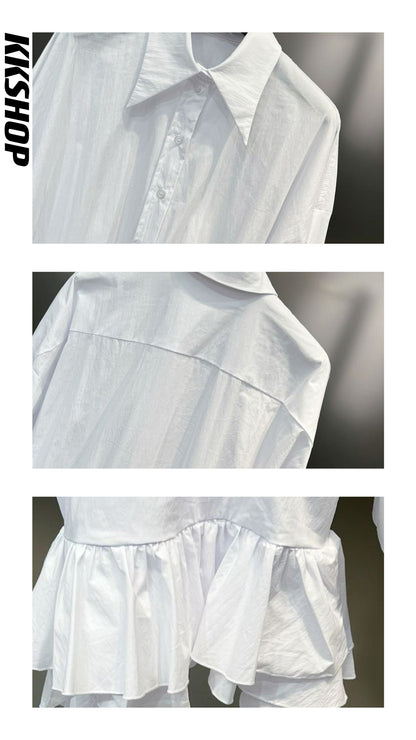 Zllkl Gia Solid Color White Ruffles Irregular Waist Button Shirt Pleated Tassel Mini Dress