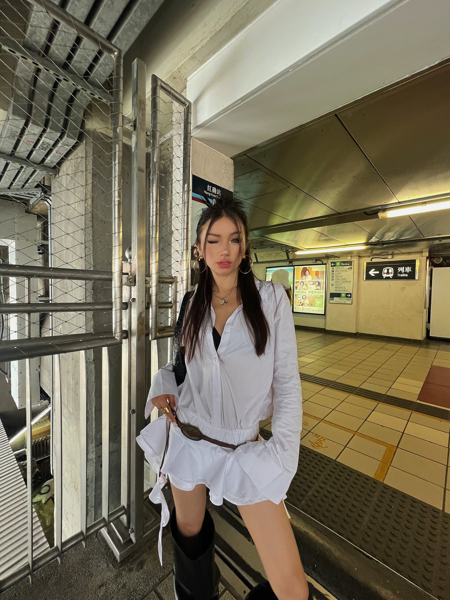 Zllkl Gia Solid Color White Ruffles Irregular Waist Button Shirt Pleated Tassel Mini Dress