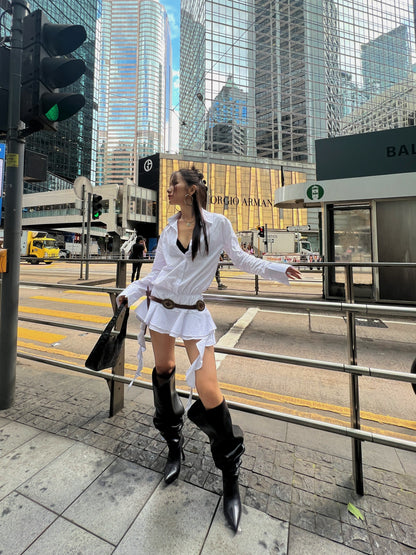 Zllkl Gia Solid Color White Ruffles Irregular Waist Button Shirt Pleated Tassel Mini Dress