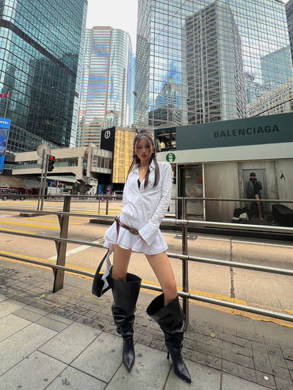 Zllkl Gia Solid Color White Ruffles Irregular Waist Button Shirt Pleated Tassel Mini Dress