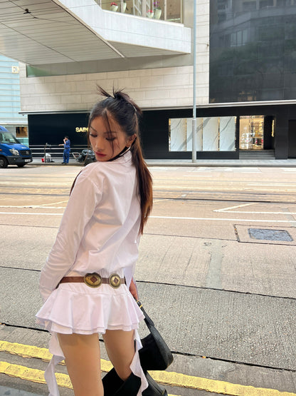 Zllkl Gia Solid Color White Ruffles Irregular Waist Button Shirt Pleated Tassel Mini Dress
