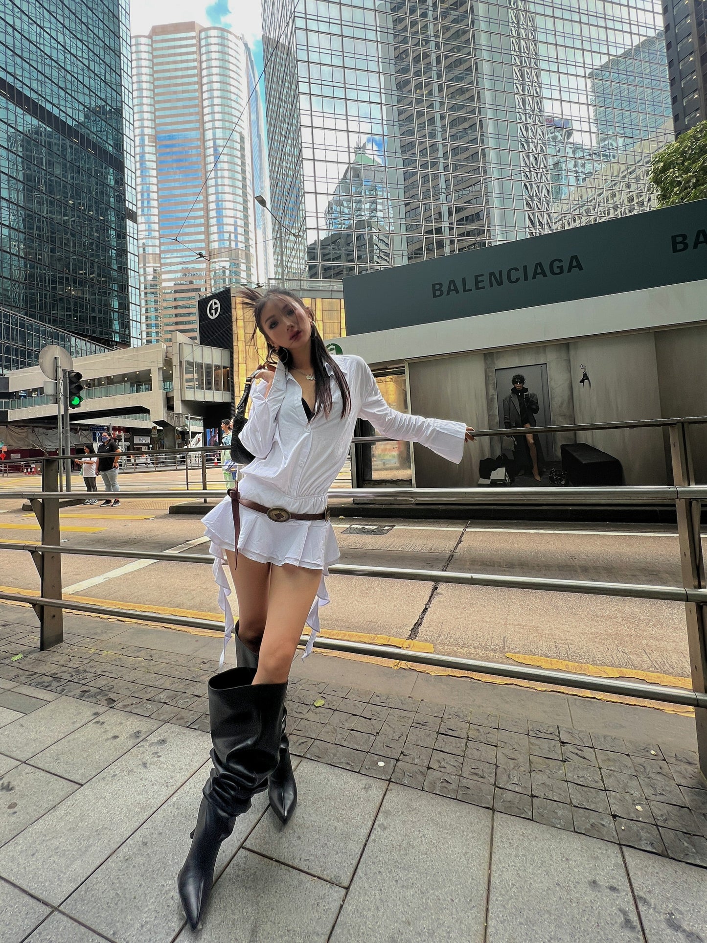 Zllkl Gia Solid Color White Ruffles Irregular Waist Button Shirt Pleated Tassel Mini Dress