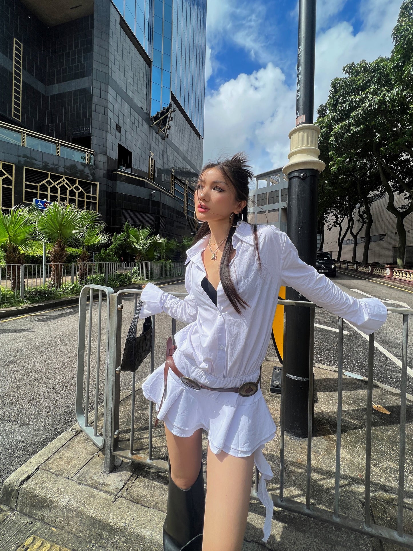 Zllkl Gia Solid Color White Ruffles Irregular Waist Button Shirt Pleated Tassel Mini Dress