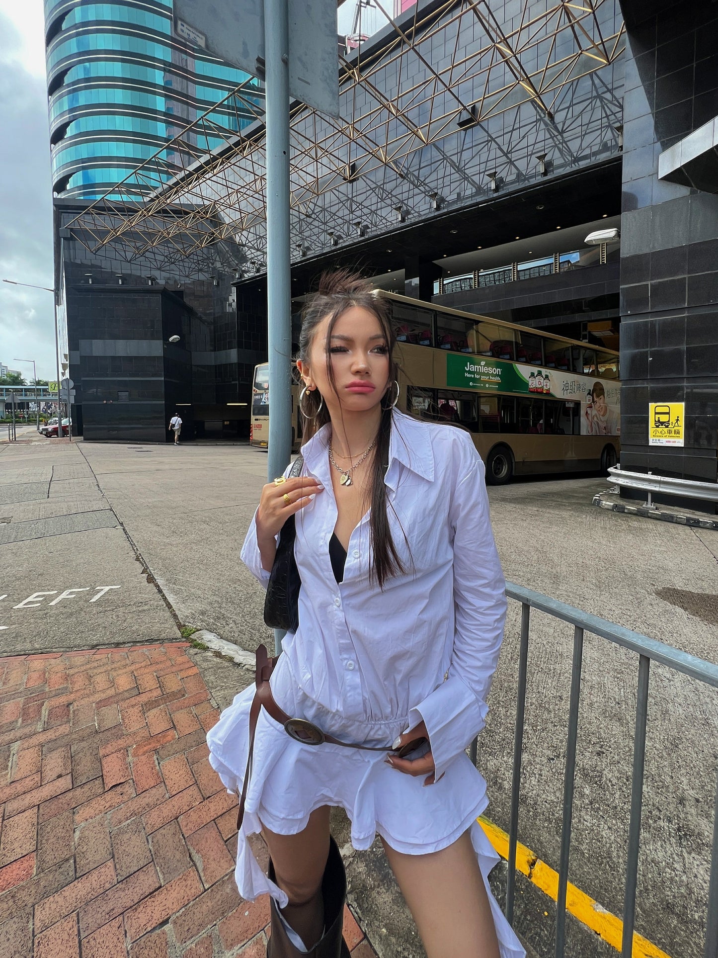 Zllkl Gia Solid Color White Ruffles Irregular Waist Button Shirt Pleated Tassel Mini Dress