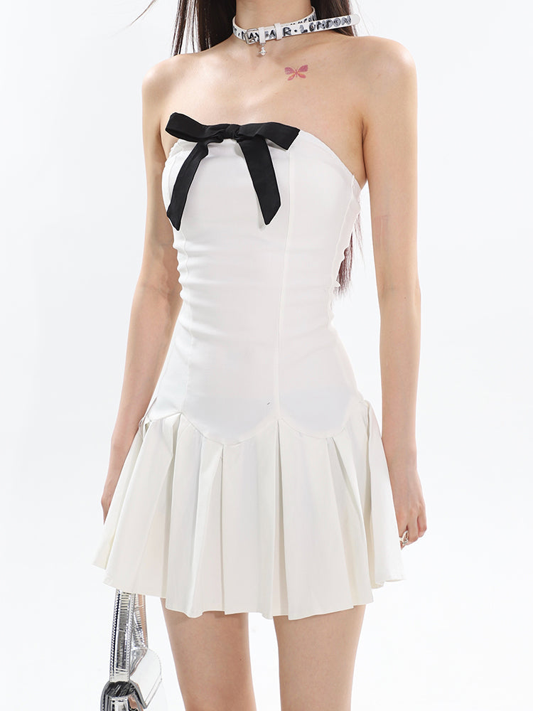 Zllkl Flora Solid Color Black Bow Tie Bandeau Sleeveless Pleated Mini Dress