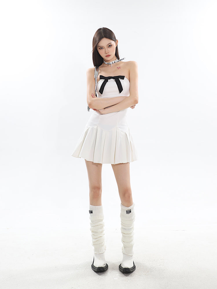 Zllkl Flora Solid Color Black Bow Tie Bandeau Sleeveless Pleated Mini Dress