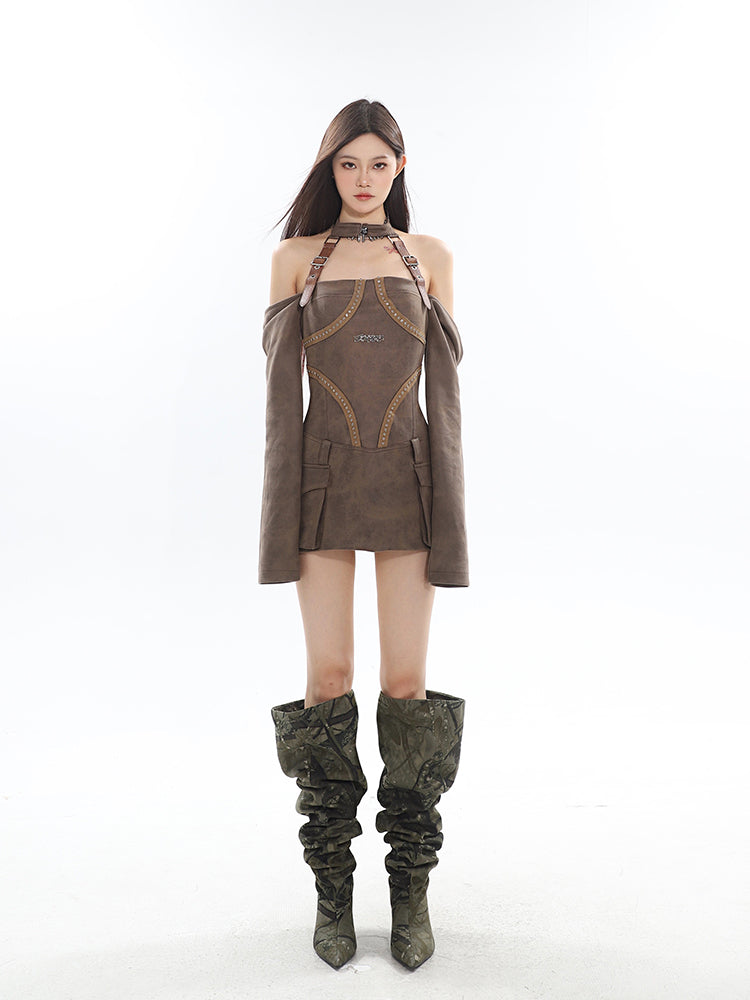 Zllkl Helena Solid Color Brown Halter Neck Off-the-Shoulder Long Sleeve Suede Slim Mini Dress