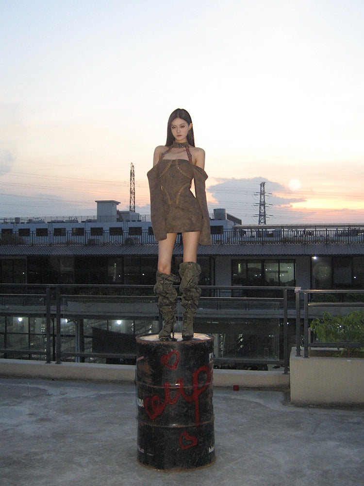 Zllkl Helena Solid Color Brown Halter Neck Off-the-Shoulder Long Sleeve Suede Slim Mini Dress