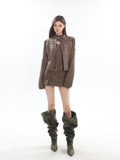 Zllkl Helena Solid Color Brown Halter Neck Off-the-Shoulder Long Sleeve Suede Slim Mini Dress