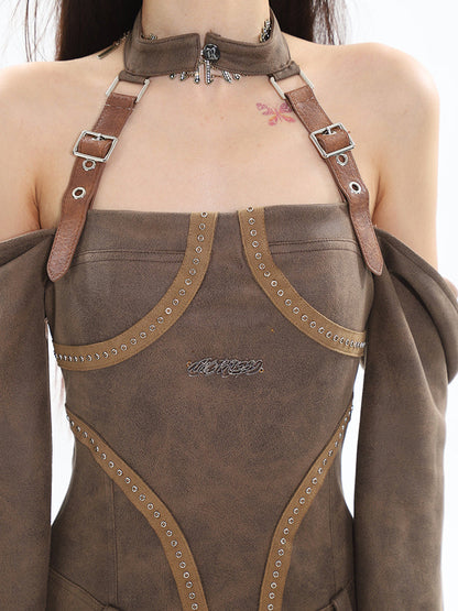 Zllkl Helena Solid Color Brown Halter Neck Off-the-Shoulder Long Sleeve Suede Slim Mini Dress