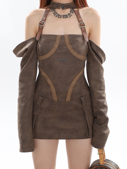 Zllkl Helena Solid Color Brown Halter Neck Off-the-Shoulder Long Sleeve Suede Slim Mini Dress