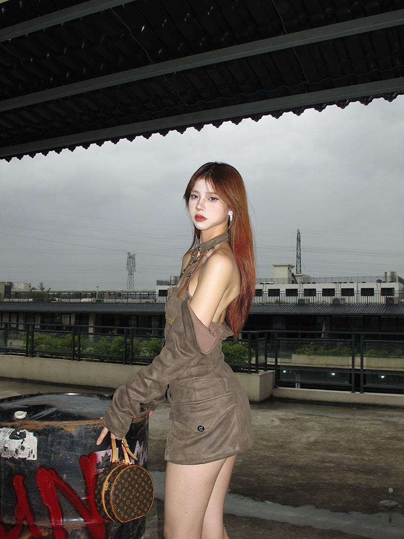 Zllkl Helena Solid Color Brown Halter Neck Off-the-Shoulder Long Sleeve Suede Slim Mini Dress