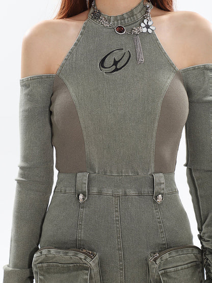 Zllkl Malinda Denim Blue Letter Embroidery Stitch Knit Pocket Halter Neck Long Sleeve Cut Out Multi-Pocket Cargo Slim Mini Dress