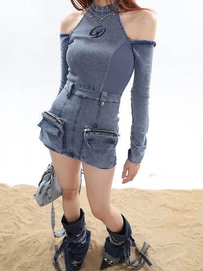 Zllkl Malinda Denim Blue Letter Embroidery Stitch Knit Pocket Halter Neck Long Sleeve Cut Out Multi-Pocket Cargo Slim Mini Dress