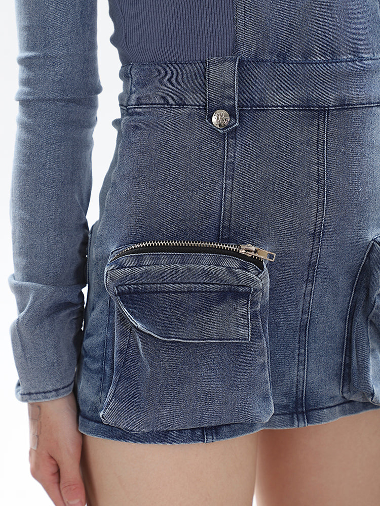Zllkl Malinda Denim Blue Letter Embroidery Stitch Knit Pocket Halter Neck Long Sleeve Cut Out Multi-Pocket Cargo Slim Mini Dress
