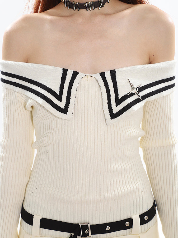 Zllkl Lilian Solid Color Stripped Collar Waist Belt Knitted Off-the-Shoulder Long Sleeve Mini Dress
