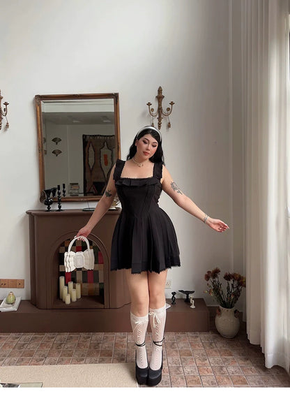 Zllkl Franchessca Solid Color Black Plus Size Spaghetti Strap Slip Pleated Mini Dress
