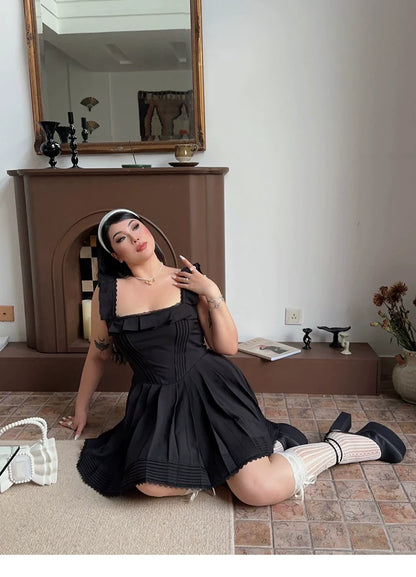 Zllkl Franchessca Solid Color Black Plus Size Spaghetti Strap Slip Pleated Mini Dress