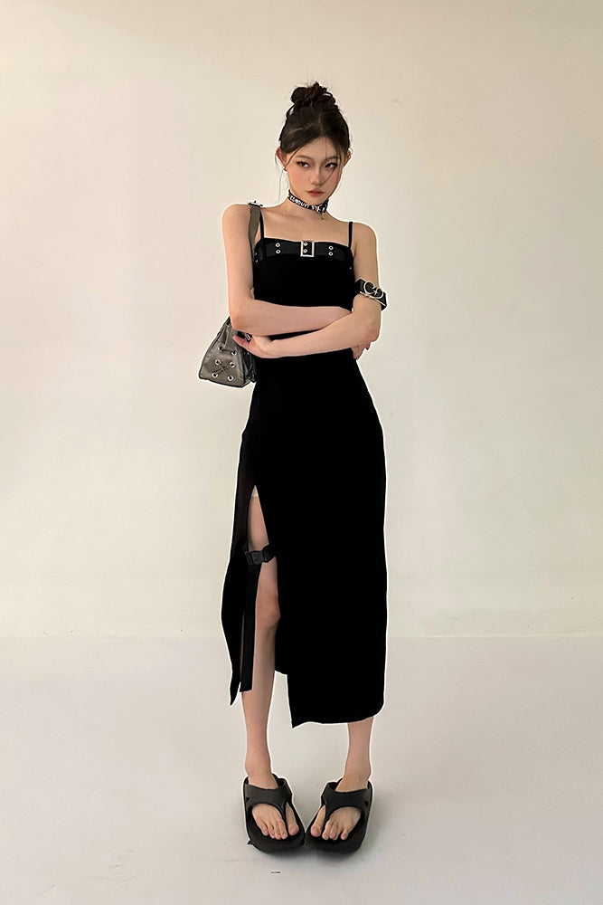 Zllkl Azelia Solid Color Black Chest Belt Strap Spaghetti Straps Square Neck Bandeau Side Slit Long Summer Dress