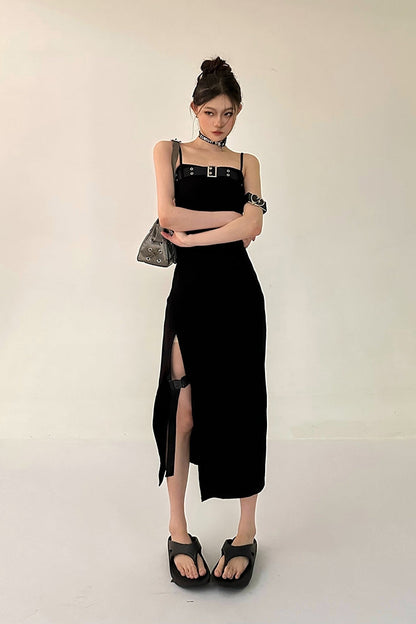 Zllkl Azelia Solid Color Black Chest Belt Strap Spaghetti Straps Square Neck Bandeau Side Slit Long Summer Dress