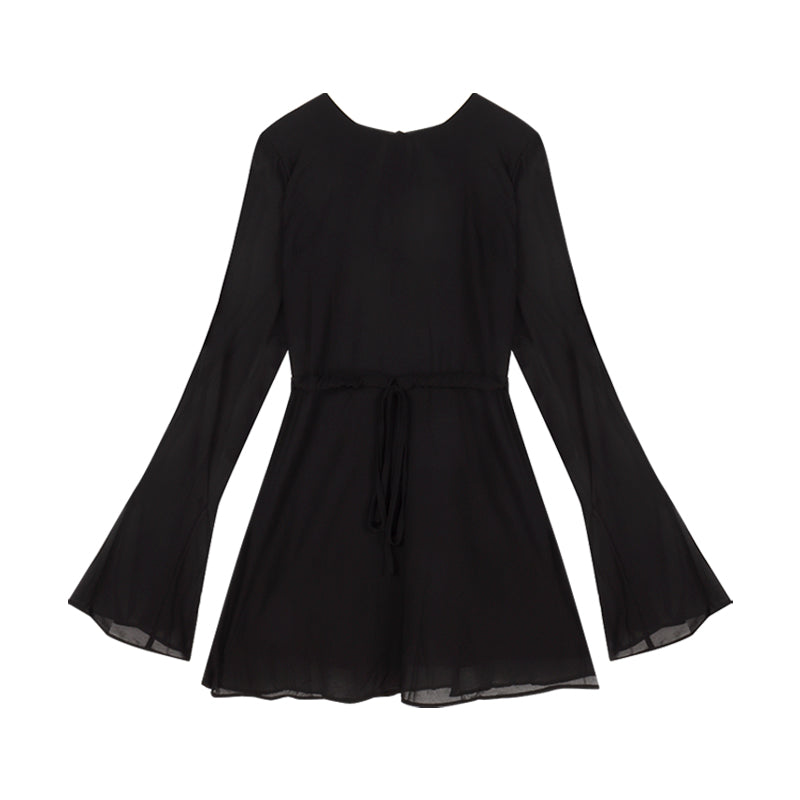 Zllkl Fiona Solid Color Black Long Sleeve Backless Round Neck Pleated Mini Dress