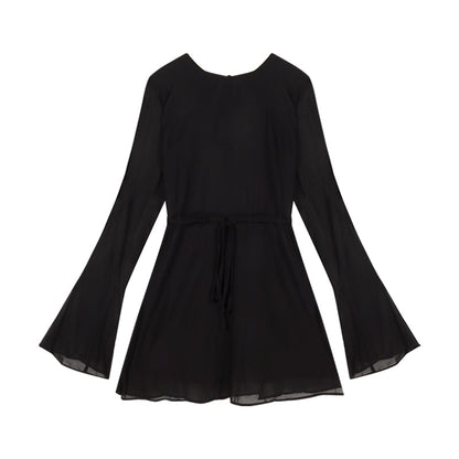 Zllkl Fiona Solid Color Black Long Sleeve Backless Round Neck Pleated Mini Dress