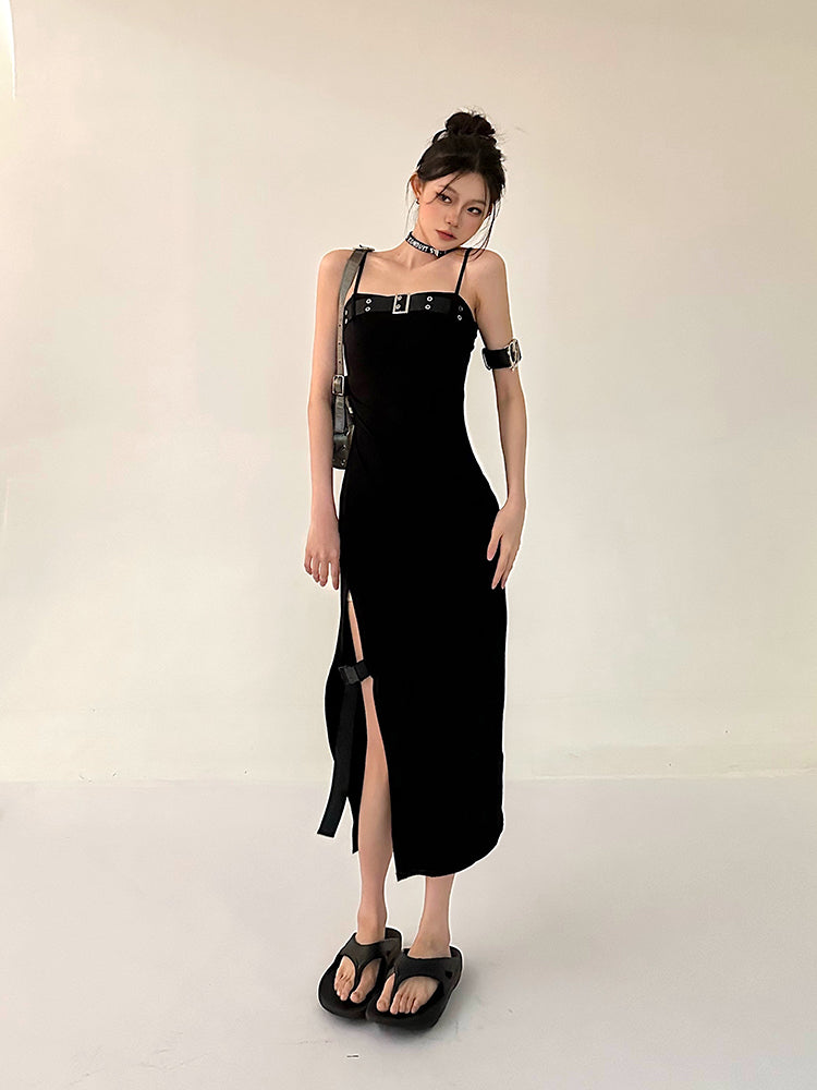 Zllkl Azelia Solid Color Black Chest Belt Strap Spaghetti Straps Square Neck Bandeau Side Slit Long Summer Dress