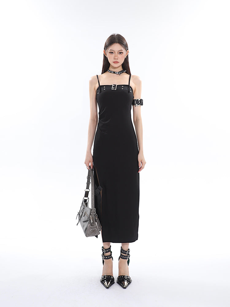 Zllkl Azelia Solid Color Black Chest Belt Strap Spaghetti Straps Square Neck Bandeau Side Slit Long Summer Dress