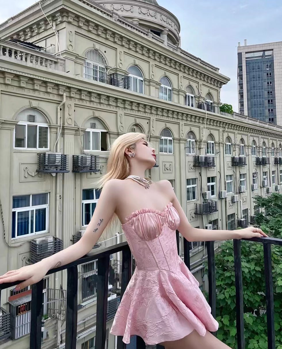 Zllkl Gabriella Solid Color Jacquard Embroidery Sleeveless Bandeau V-Neck Corset Pleated Party Prom Dress