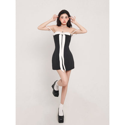 Zllkl Zia Stripe White Front Bow Slip Off-the-Shoulder Mini Dress