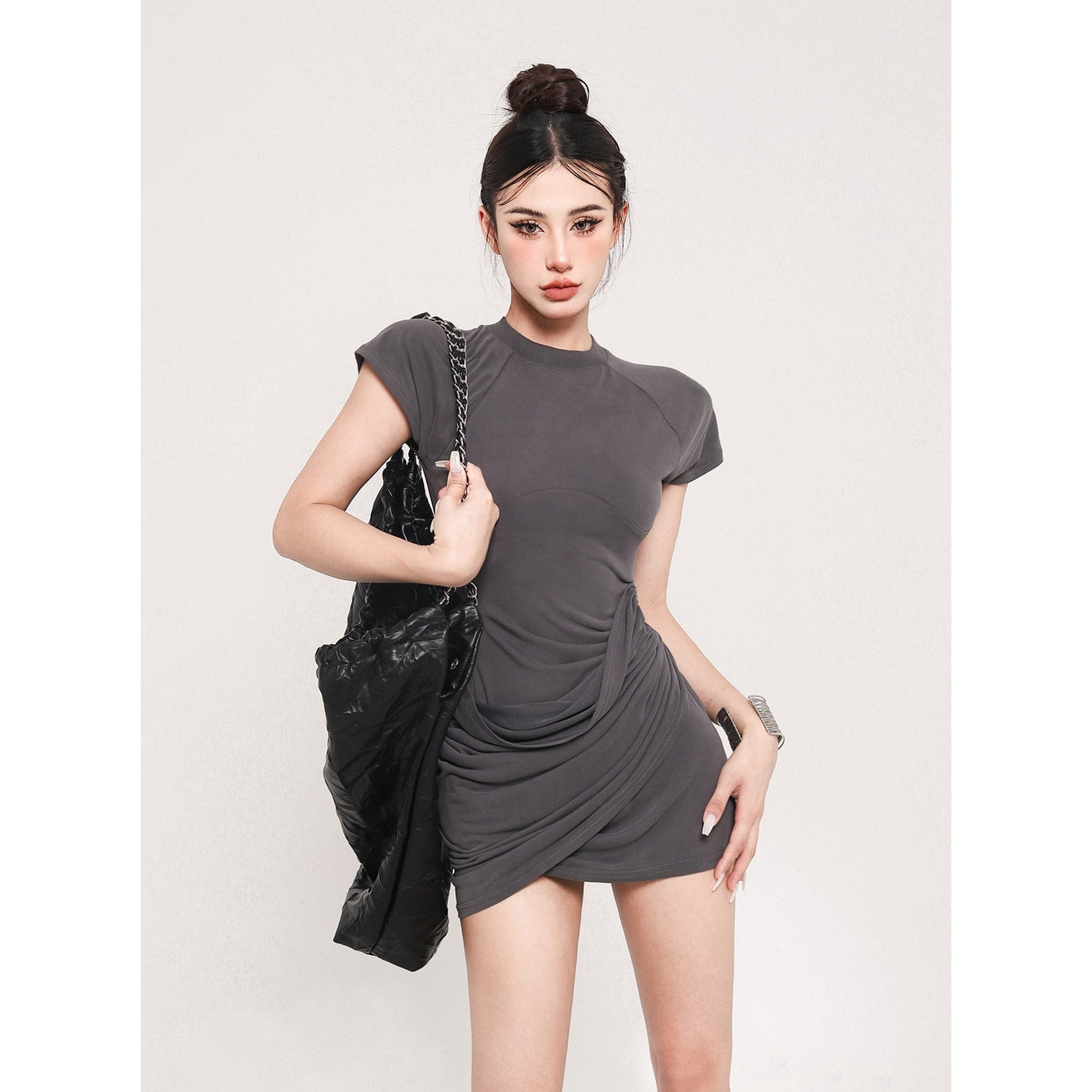 Zllkl Amaris Solid Color Casual Slim Short Sleeve Openwork Layered Mini Dress