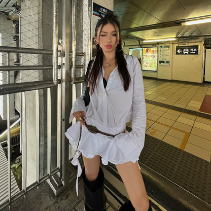 Zllkl Gia Solid Color White Ruffles Irregular Waist Button Shirt Pleated Tassel Mini Dress